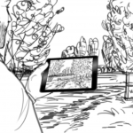 Tekening van wandelaar met tablet in landschap