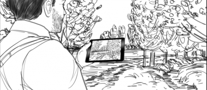 Tekening van wandelaar met tablet in landschap